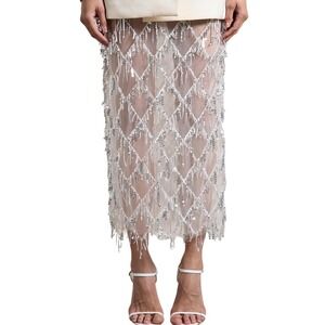 NWT MakeMeChic White Sequin Fringe Mesh Sheer Midi Skirt Sheer Party XS